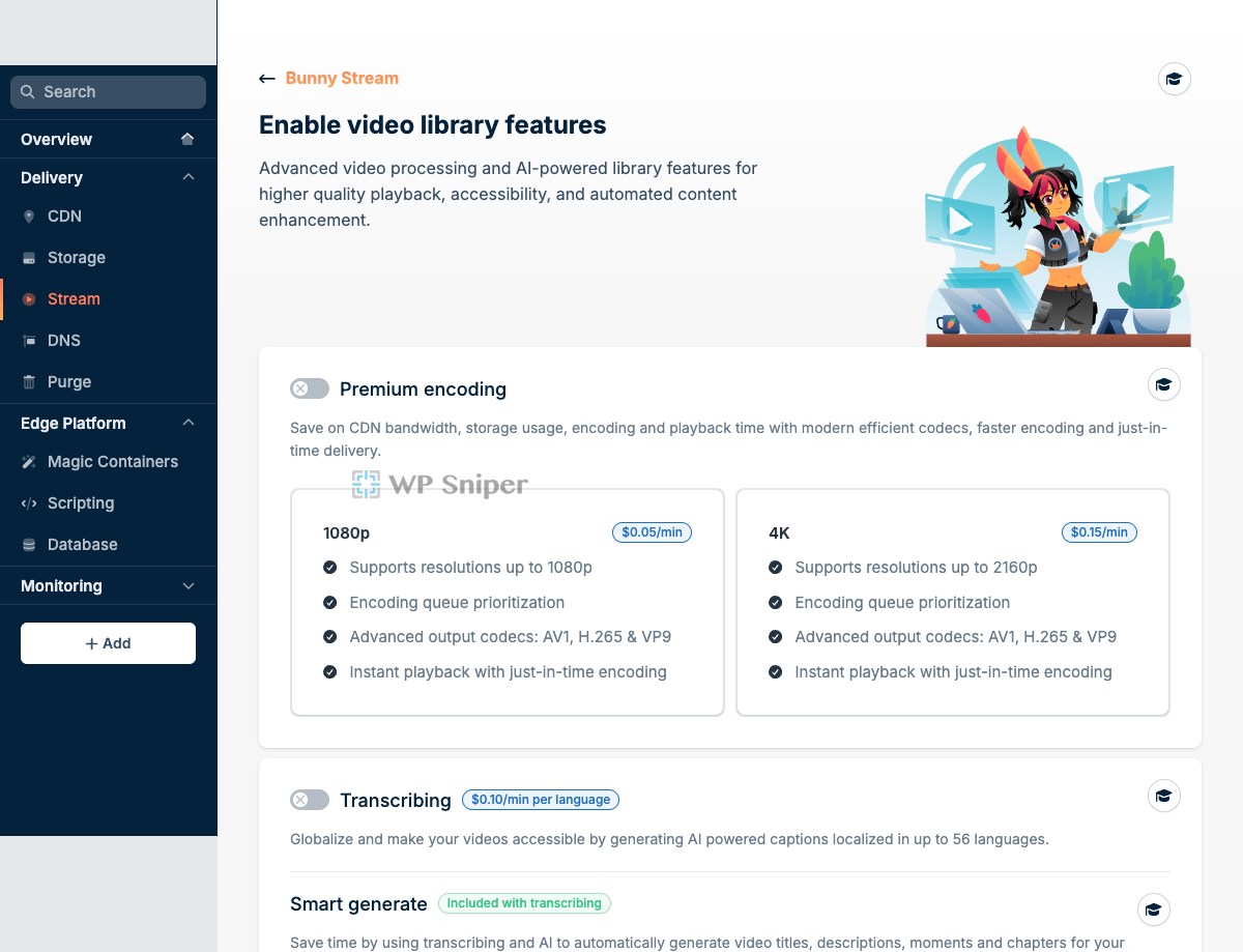 Bunny Stream Premium encoding 與 Transcribing 功能及每分鐘費用