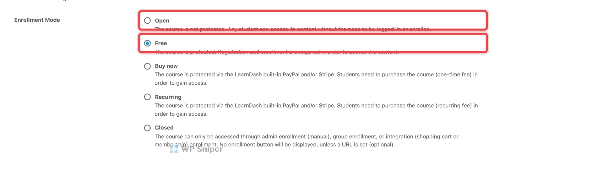 LearnDash Enrollment Mode 的 Open 與 Free 選項比較