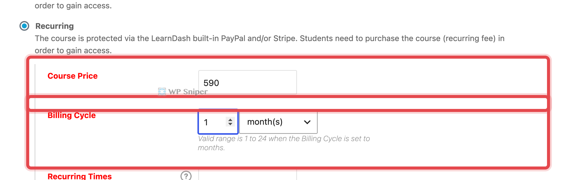 LearnDash Recurring 模式的 Course Price 與每月 Billing Cycle