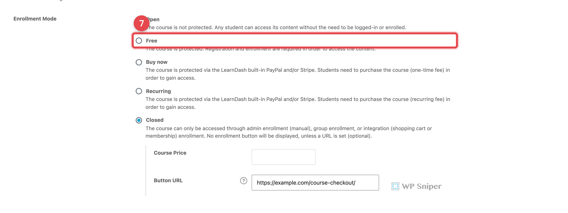 LearnDash Enrollment Mode 紅框標示 Free