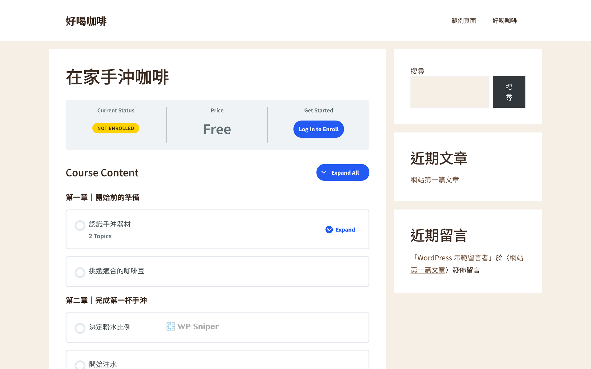 LearnDash Free 課程的訪客前台畫面