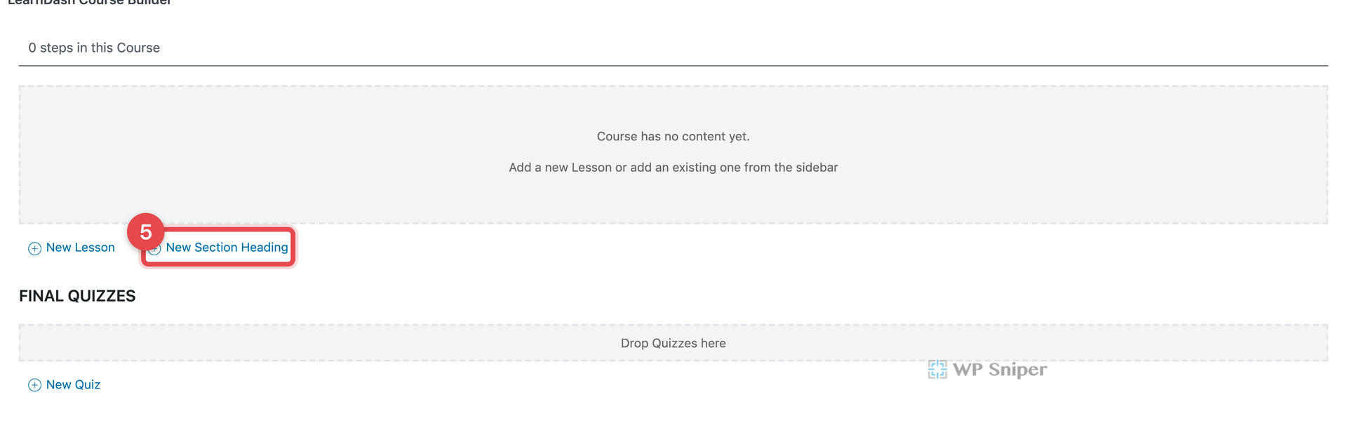 空白 LearnDash Course Builder,紅框標示 New Section Heading