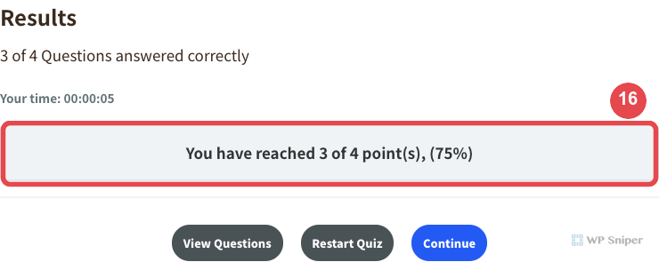 LearnDash 學員測驗結果顯示 3 of 4、3 points 與 75 percent