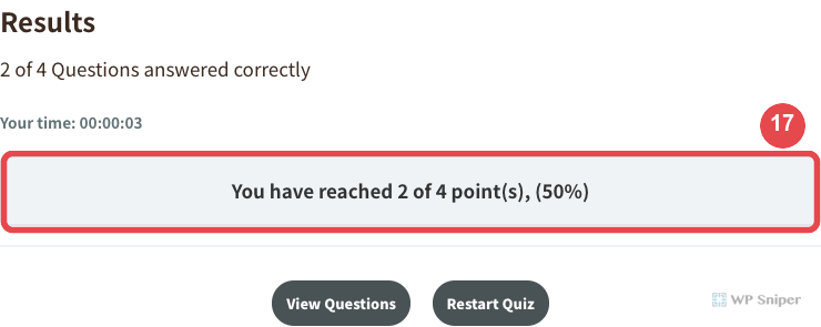 LearnDash 學員測驗結果顯示 2 of 4、2 points 與 50 percent